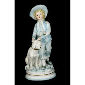 Vintage Porcelain Boy With Dog Figurine 10 Inches Tall